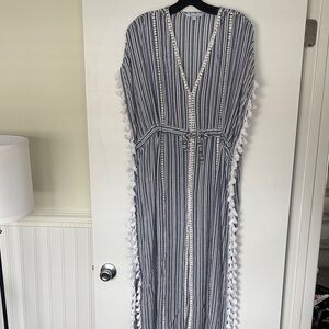 Beach Cover-up Blue and White Tassel Dress
